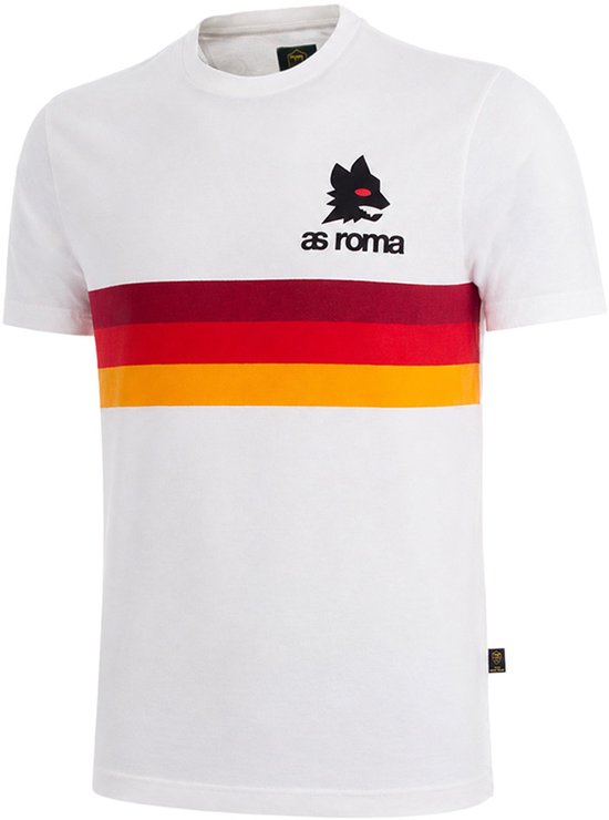 Wit t-shirt met horizontale rode, bordeauxrode en gele strepen. AS Roma wolf logo boven de strepen.