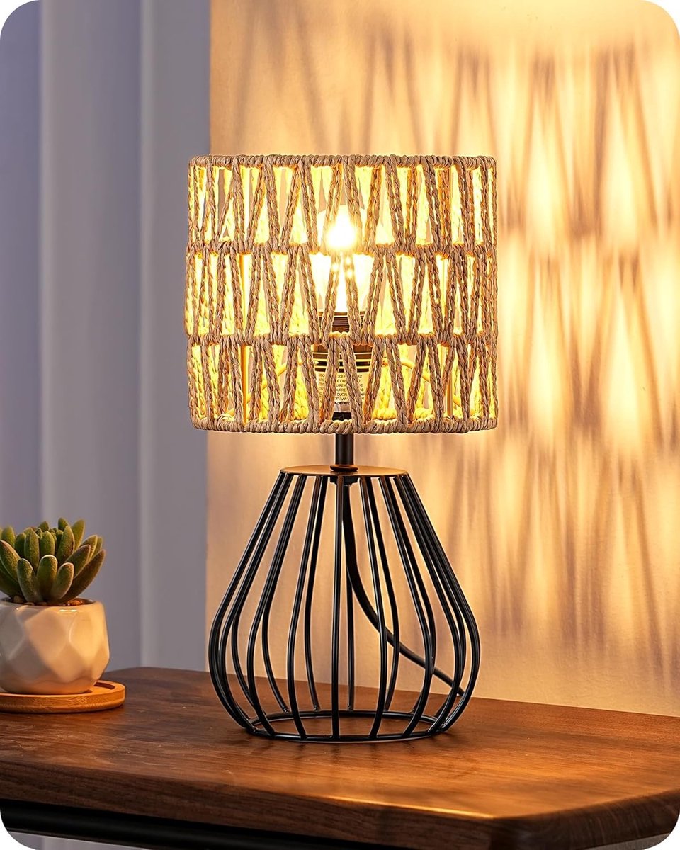 Boho Tafellamp met Papieren Lampenkap en Metaalrooster | E14 Fitting Warm Wit 2700K voor Slaapkamer en Woonkamer, Woven Design, Stijlvolle Verlichting
