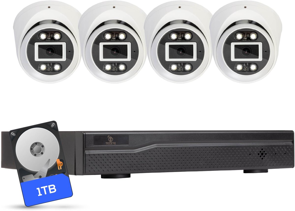 Teceye Compleet Camera Beveiliging Set met 4x POE Camera's - 1TB - Beveiligingscamera - Beveiligingscamera binnen - Beveiligingscamera buiten - CCTV Camera systeem - Beveiligingscamera set - Bewakingscamera set