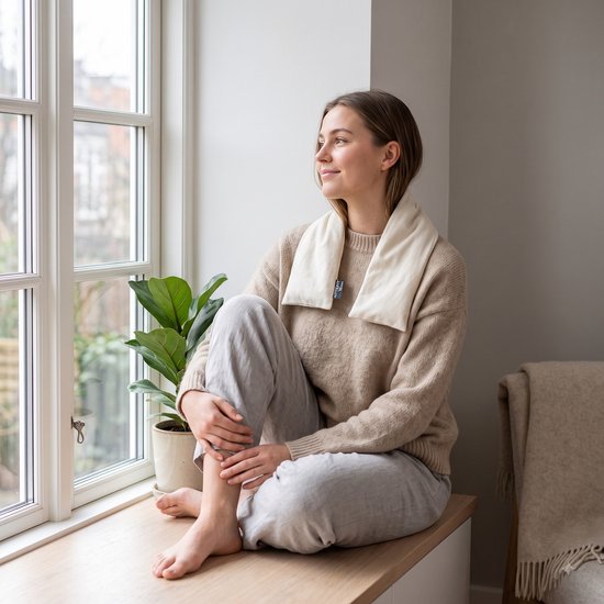 Een vrouw met een beige trui en grijze broek zit op een vensterbank en draagt een nekwarmer.