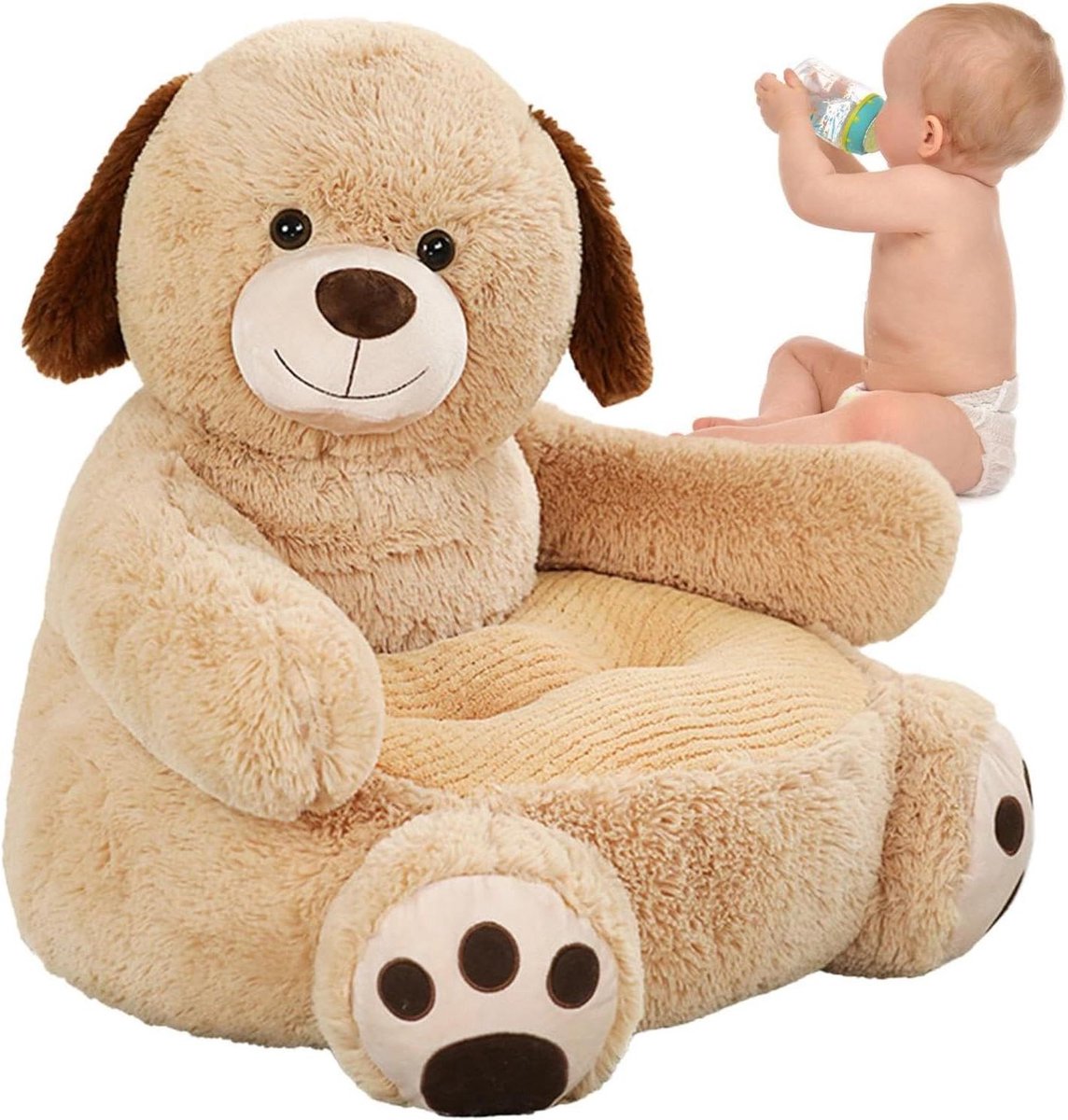 Kinderfauteuil Pluche - Stoel Kinderkamer - Ontspannen Lezen - Cartoon Beer Design - 50x45x50 cm - Lichtbruin