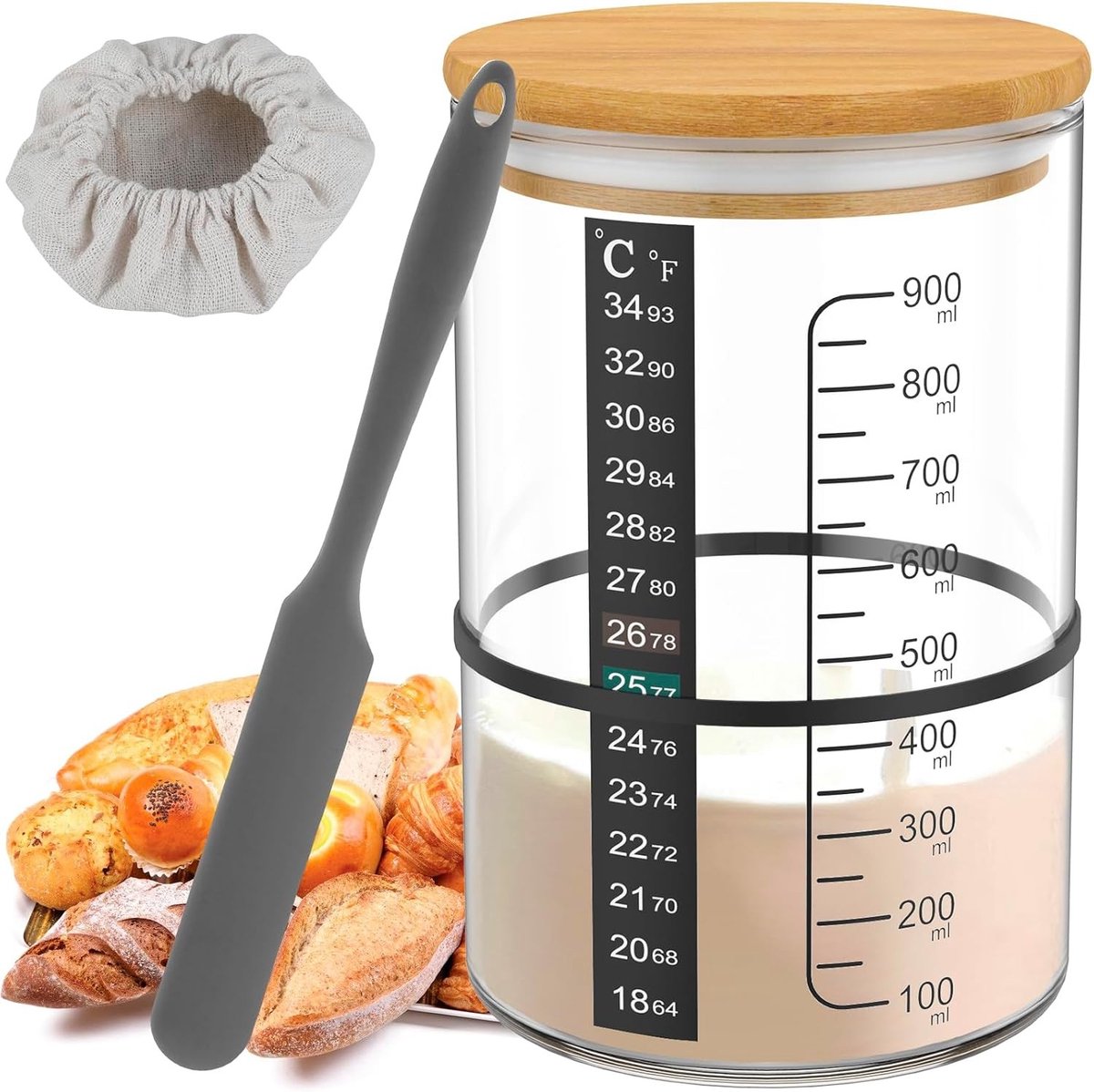 Set van 6 Fermentatieglazen 900ml met Houten Deksel en Temperatuurmeetpapier, Luchtdichte Opbergpotten voor Voedselbewaring en Zuurdesemstarter