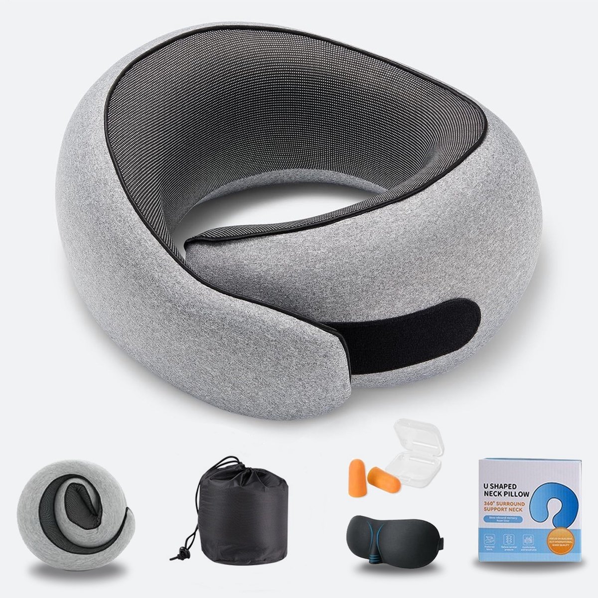 G‑vormig Reiskussen Geheugenschuim Set, Ergonomisch nekkussen voor onderweg, inclusief oogmasker en oordopjes, medium grijs, geschikt voor vliegtuig, trein en auto