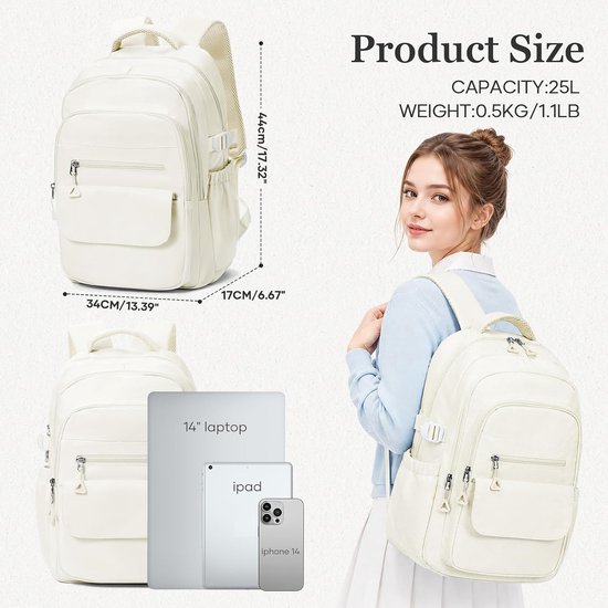 Een licht beige rugzak van 25L, 44cm hoog. Afmetingen van 34cm breed en 17cm diep. Een vrouw draagt de rugzak. Afmetingen van een laptop, iPad en iPhone getoond naast een rugzak.