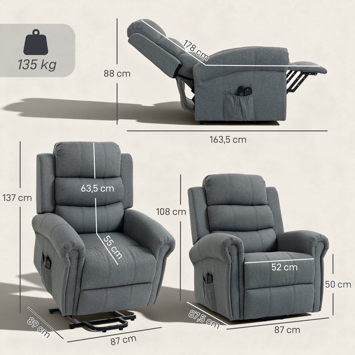 HOMCOM Sta-op Fauteuil met Massage en Verwarming - Relaxstoel - Tv-fauteuil - Ligstoel - Grijs – foto 8