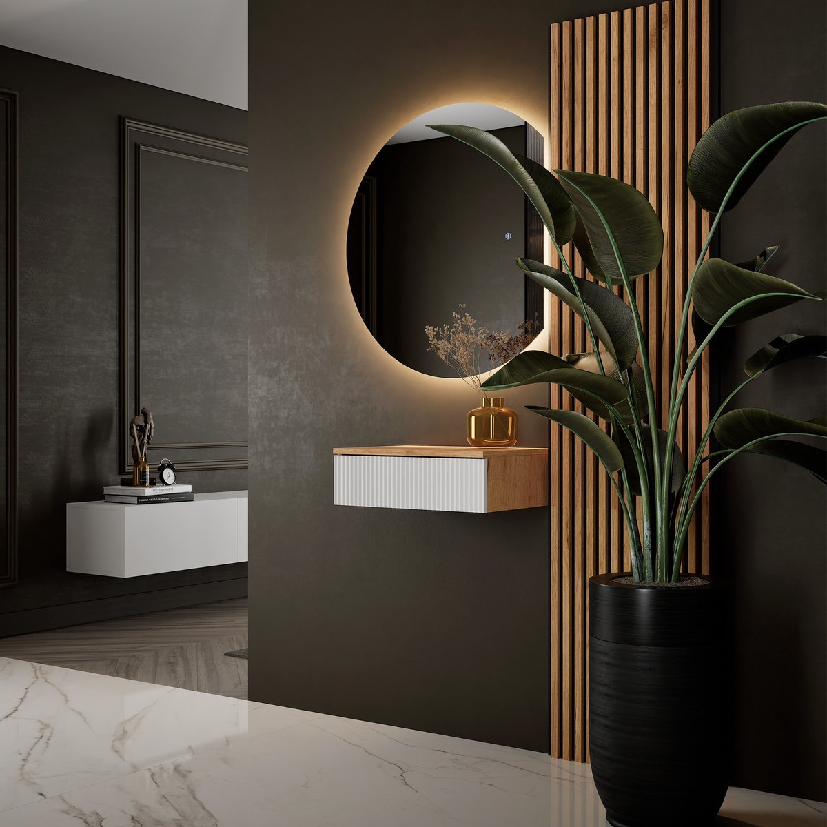 Planetmöbel AMYRA Garderobeset 50 cm – Goud Eiken/Wit – AUBE LED Spiegel – Akoestiekpanelen – Wandhangend