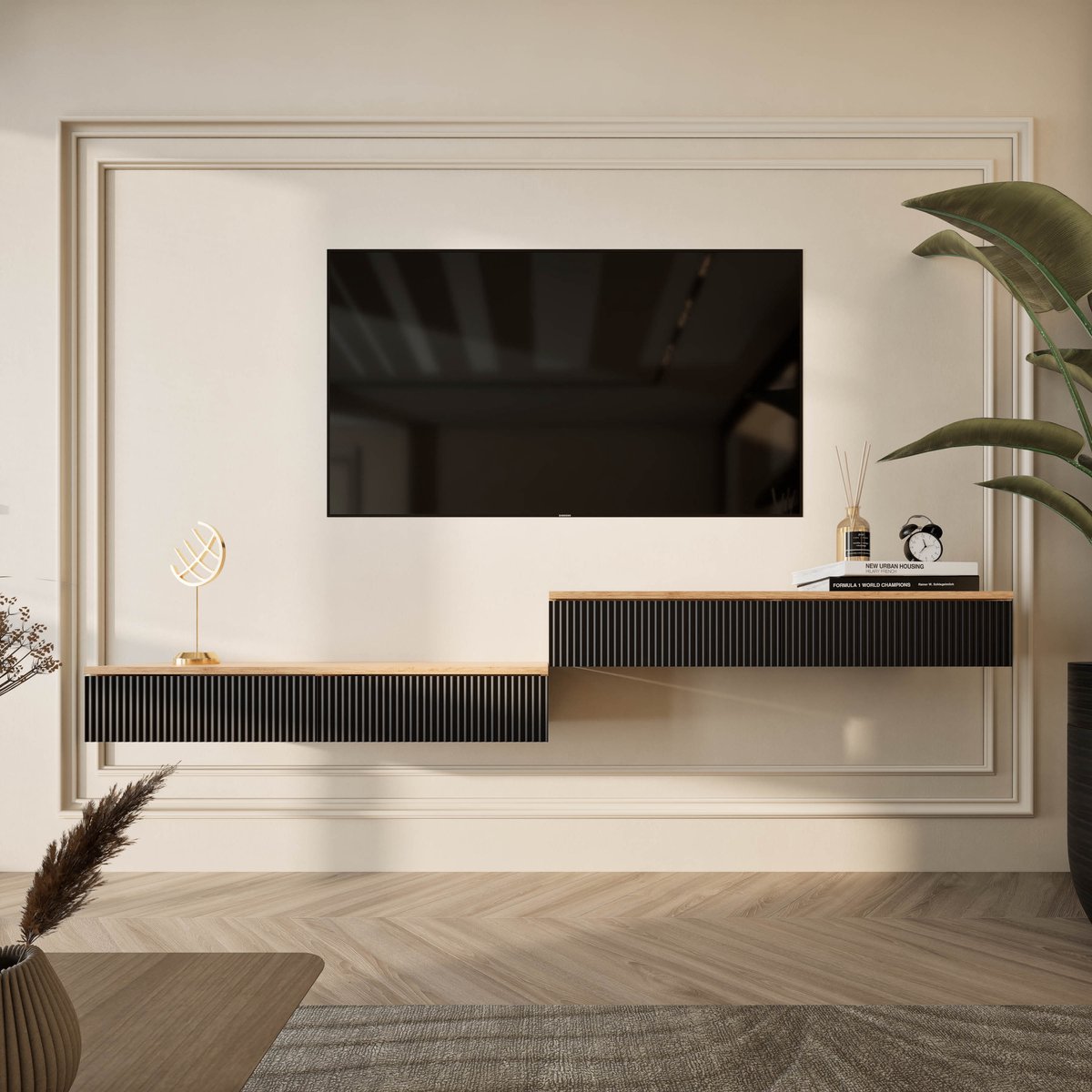 Planetmöbel AMYRA Zwevend TV-meubel 200 cm – 2x 100 cm – Goud Eiken/Zwart – Wandhangend – 2 Laden