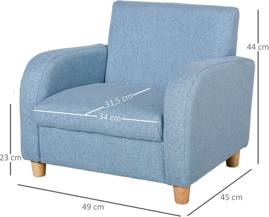 Kinderfauteuil/bank met linnenlook - massief houten poten - schuimkussen - kinderstoel voor kinderkamer/speelkamer - 49 x 45 x 44 cm - voor kinderen van 3 - 5 jaar - blauw — afbeelding 4