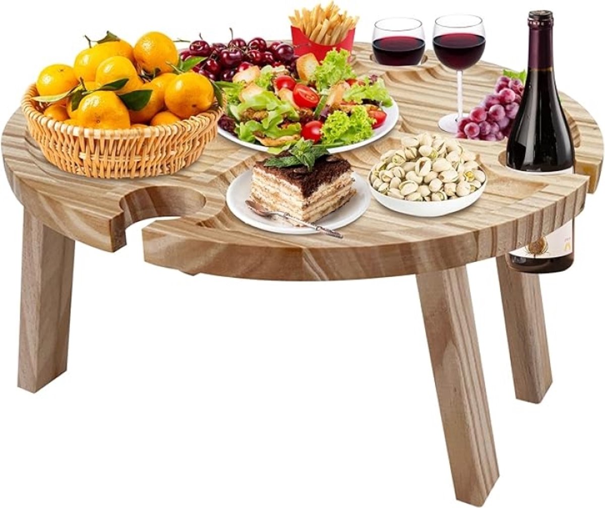 Opvouwbare picknicktafel van hout - Draagbare wijntafel met rode wijnglashouder, ronde houten tuintafel, champagne snack tafel, voor picknick, camping, reizen, strand