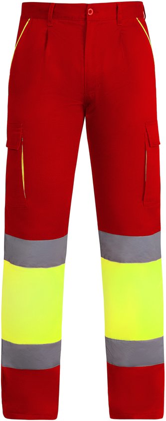Pantalon de travail rouge avec bandes réfléchissantes jaune fluo et grises sur le bas des jambes.