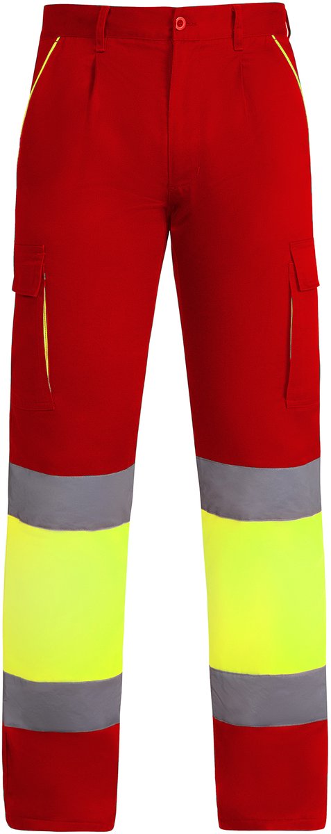 Gevoerde High Visibility werkbroek Fluor Geel / Rood maat 44