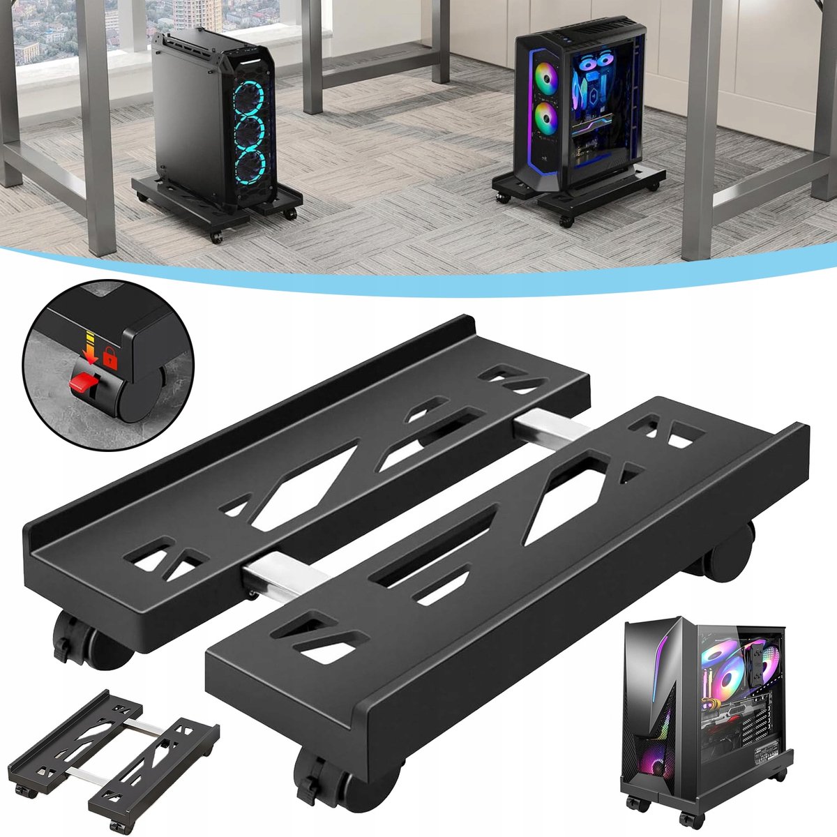 Mobiele PC-Houder Met 4 Zwenkwielen (Waarvan 2 Vergrendelbaar) - Verstelbaar Van 21-33 cm Draagvermogen Van 30 kg Montage Zonder Gereedschap - Ruimtebesparende Desktop-Torenbeugel - Zwart