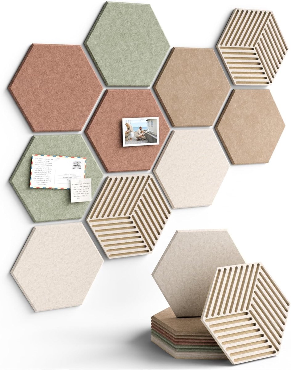 Yashumito 10 Stuks Hexagonale Vilten Prikbordtegels - Boho Wanddecoratie - 30 x 26 cm - Met 50 Zelfklevende Tabs - Voor Thuis en Kantoor