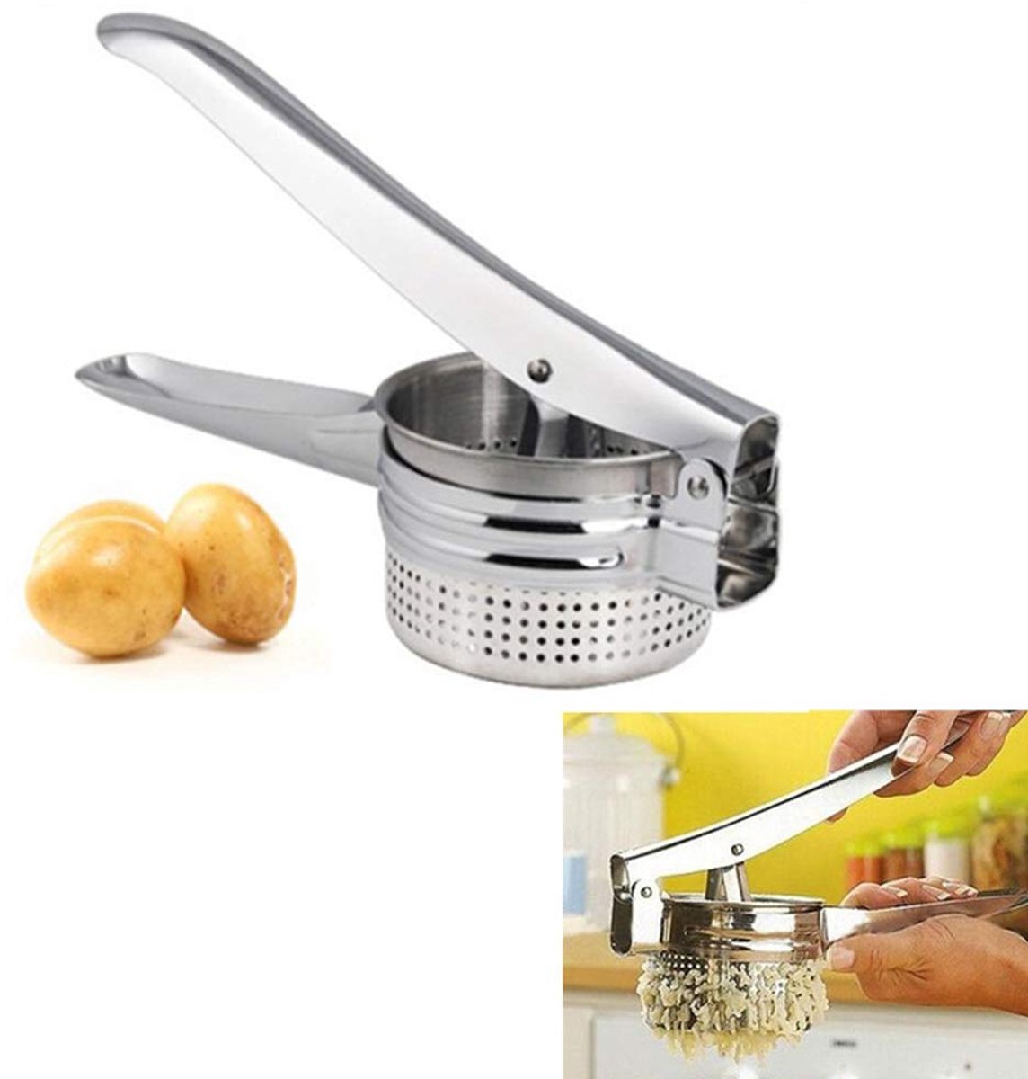 Namajunas - RVS Aardappel stamper - Keuken gereedschap - Pureestamper - Multifunctionele fruitpers - Handpers voor fruit - Robuuste - Voor fruitperser, groentedrogen, puree maken en uitlekken van frituurpan voedsel