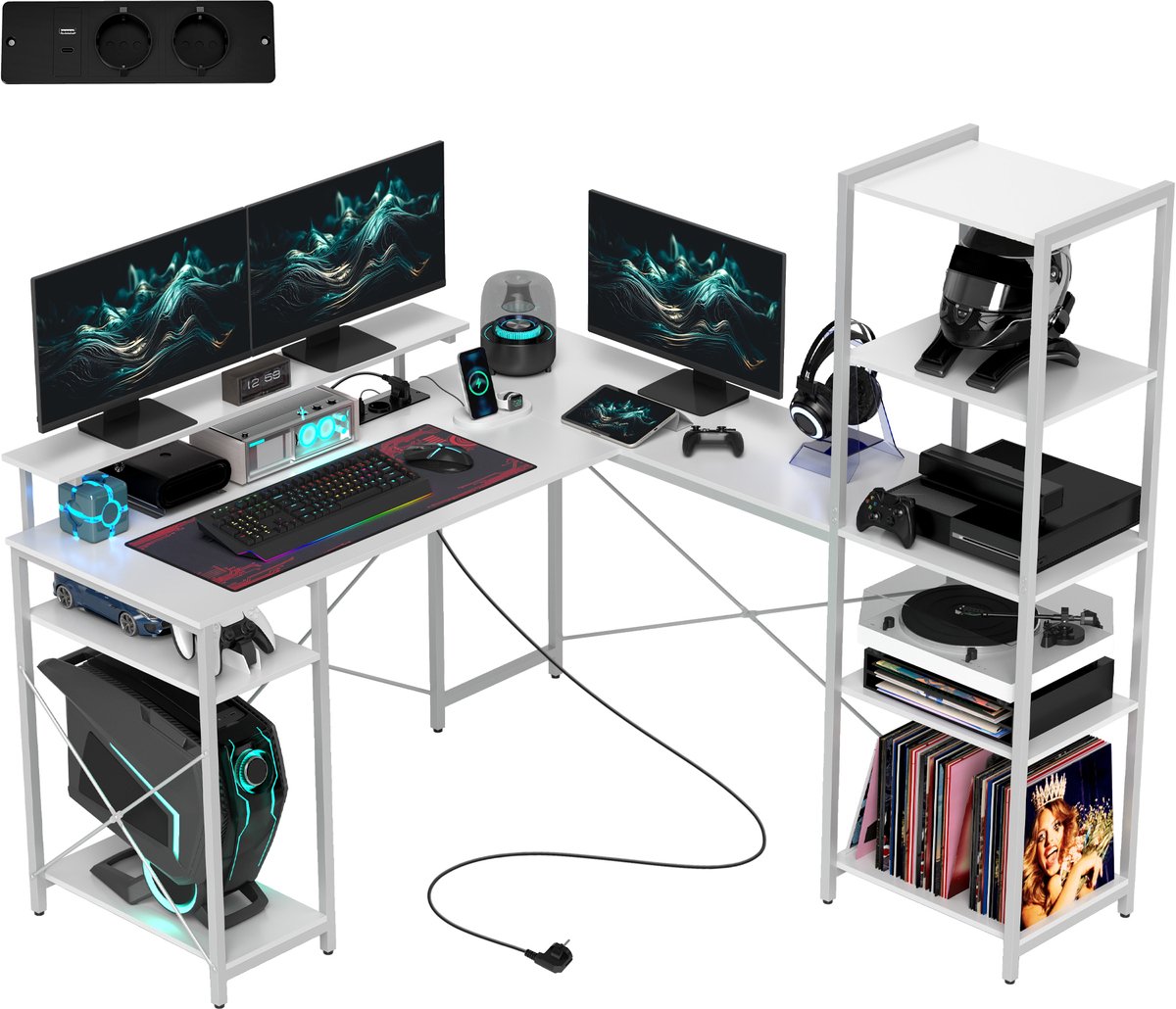 L - vormig bureau met oplaadstation - hoekbureau met monitorstandaard en planken - voor thuiswerkplek - kantoor - wit