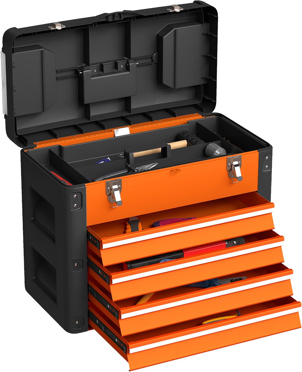 Lege gereedschapskist - 49 - 7 x 25 - 3 x 40 - 7 cm - gereedschapskist met 4 laden - mini - box van staal - oranje