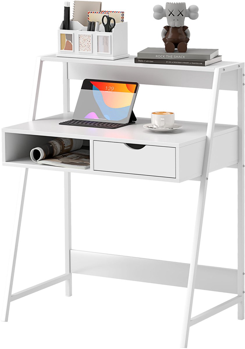 Bureau - Neo-retro-stijl - Minimalistisch ontwerp - Met lades - Met opbergruimte en metalen legplanken - Wit