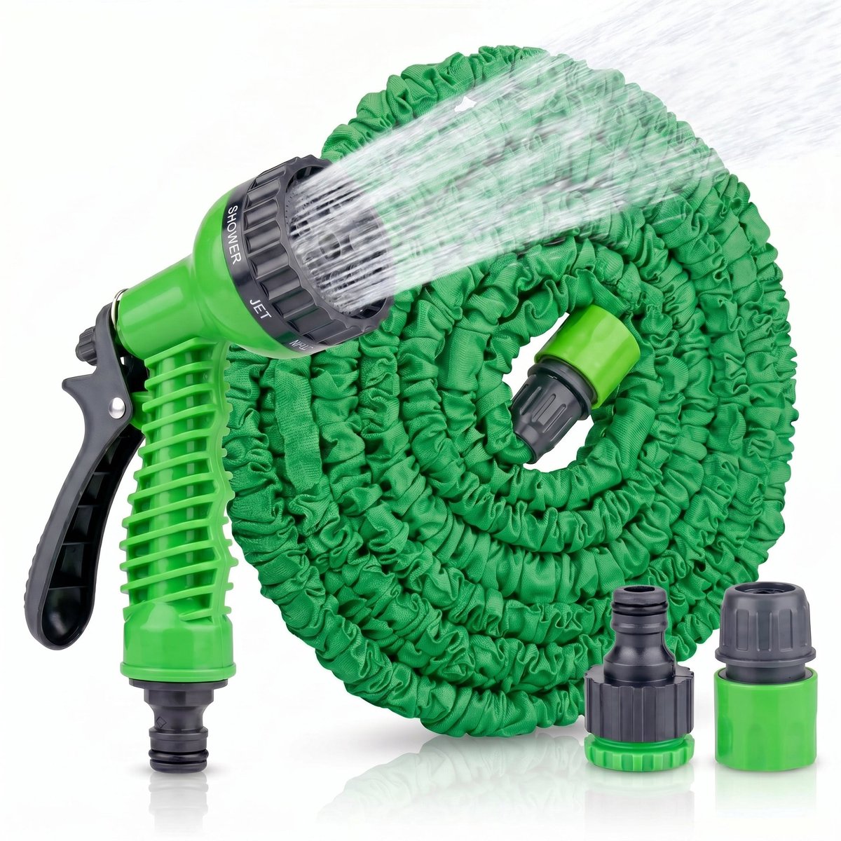Cheqo® Tuinslang - Flexibele Tuinslang - Uitrekbare Tuinslang met Sproeikop 7 Standen - Magic Hose - Elastische Tuinslang - Tuinsproeier - Waterslang - met Koppelstuk - Groeislang voor Tuin Besproeien en Planten Water Geven of Auto Wassen