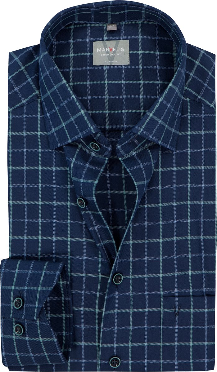 MARVELIS comfort fit overhemd - popeline - donkerblauw met lichtblauw en groen geruit - Strijkvrij - Boordmaat: 47 (EU maat: 3XL)