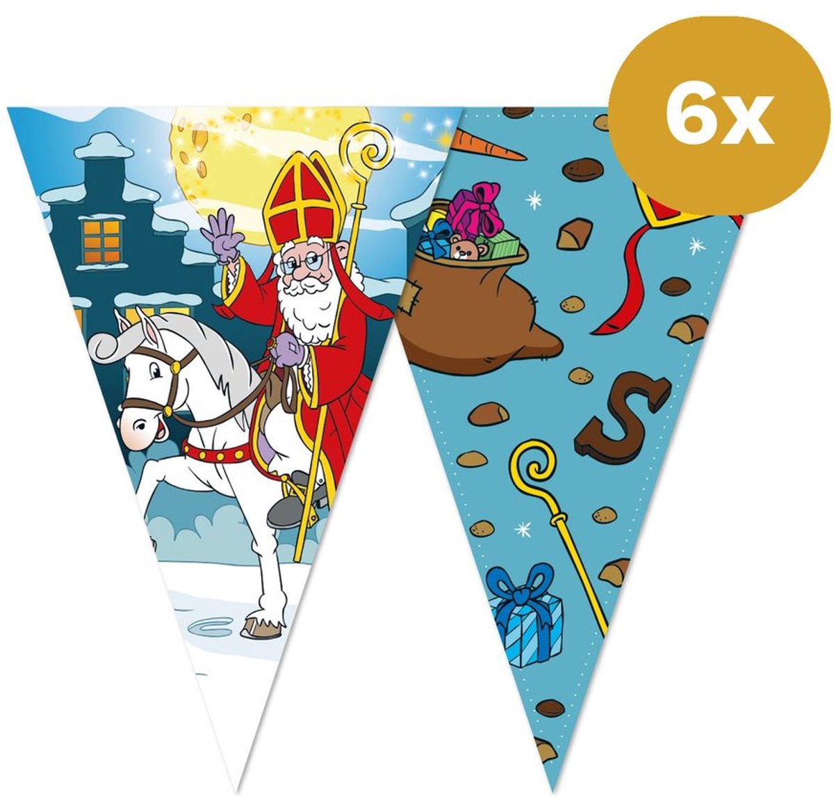 6x Vlaggenlijn Sinterklaas 10 Meter (60m Totaal) - 2-Zijdig Bedrukt - Decoratie Versiering Piet Ballon