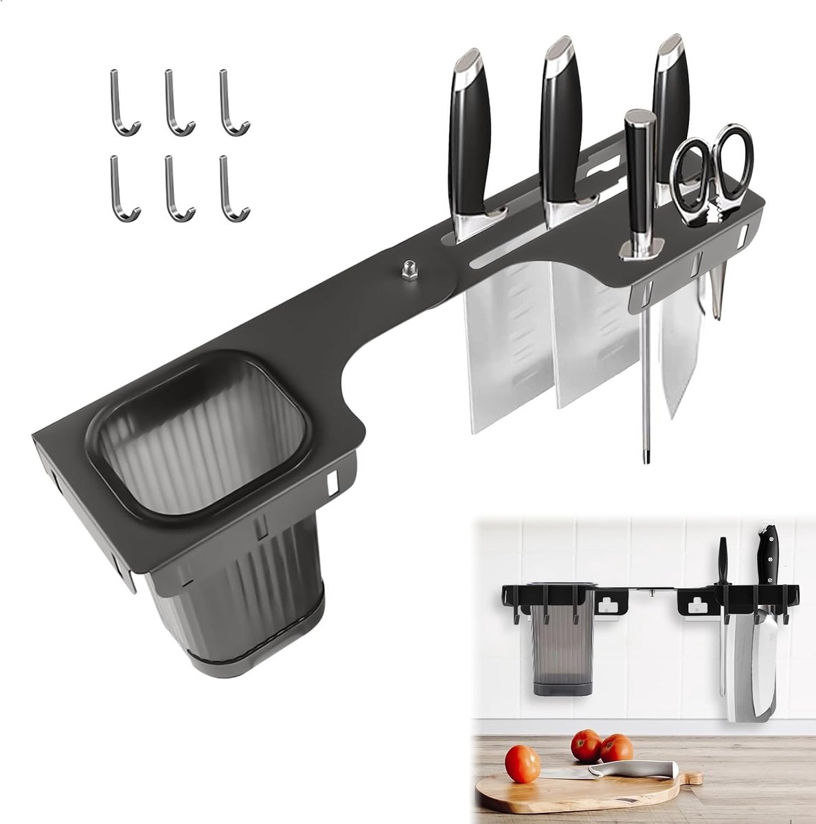 Keukenmessenset met houder - metalen wandhouder - multi-slot ontwerp - efficiënt ruimtegebruik - ShopVlot