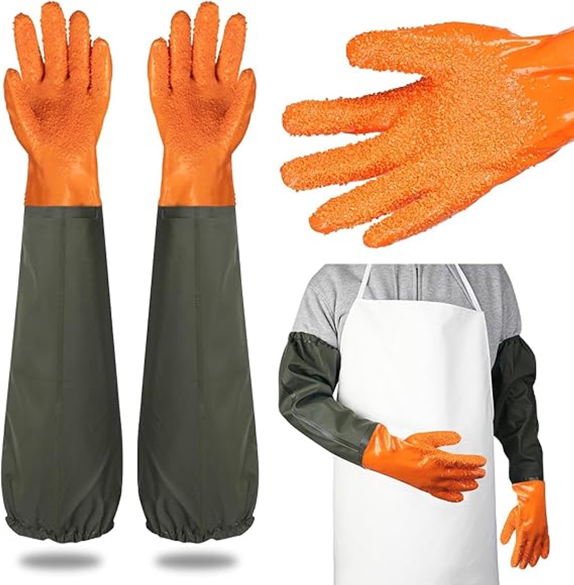 Lange rubberen handschoenen – Lange waterdichte handschoenen – Beschermende handschoenen – Slijtvaste, waterdichte handschoenen – Korrelig antislipoppervlak – Geschikt voor vissen en graven – Oranje