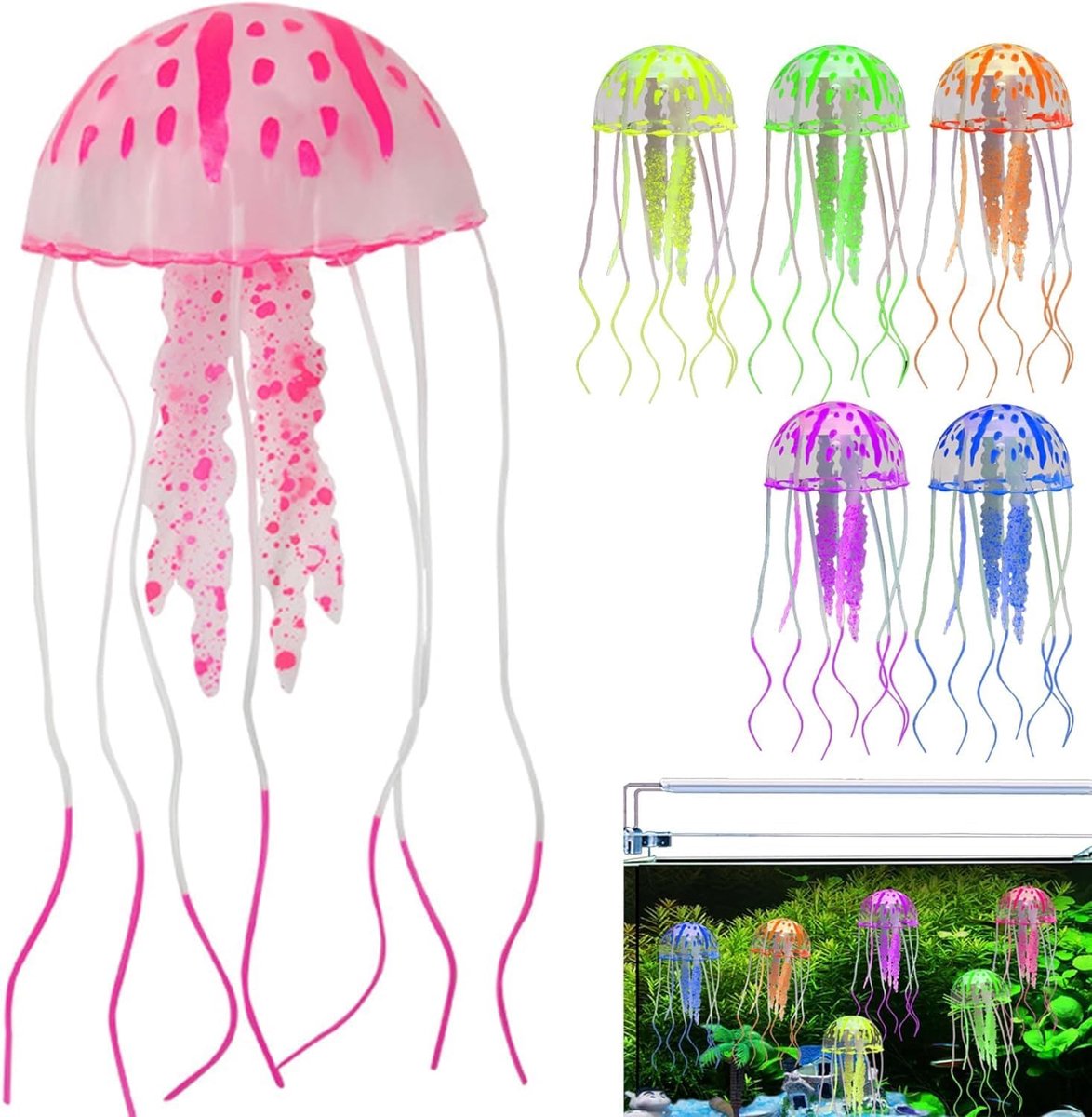 Set van 6 gesimuleerde fluorescerende kwallen (niet-lichtgevend) – 15 × 5 cm - Siliconenmateriaal - Bedieningsdraad ca. 40 cm - 6 kleuren - Stijlvol en veelzijdig - Aquariumdecoratie