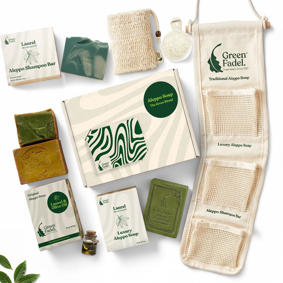 GREEN FADEL Aleppo Zeep Geschenkset Green - Laurierolie & Olijfolie - Shampoo Bar, Luxury Zeep & Accessoires - Handgemaakt - Plasticvrij verpakt