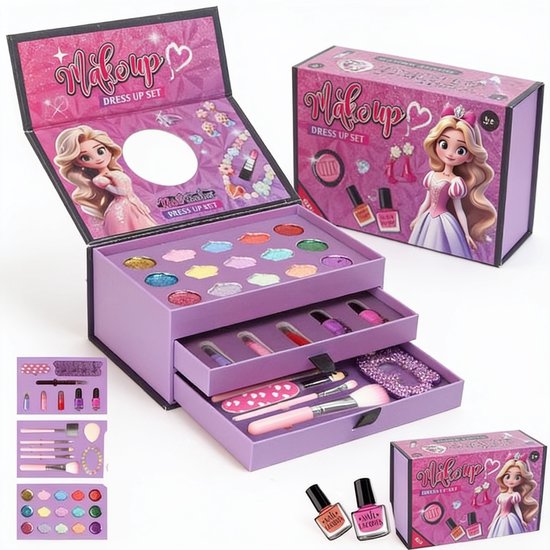 Paarse make-up koffer open met 3 niveaus, diverse make-up producten, nagellak en accessoires. Doos met prinses erop.