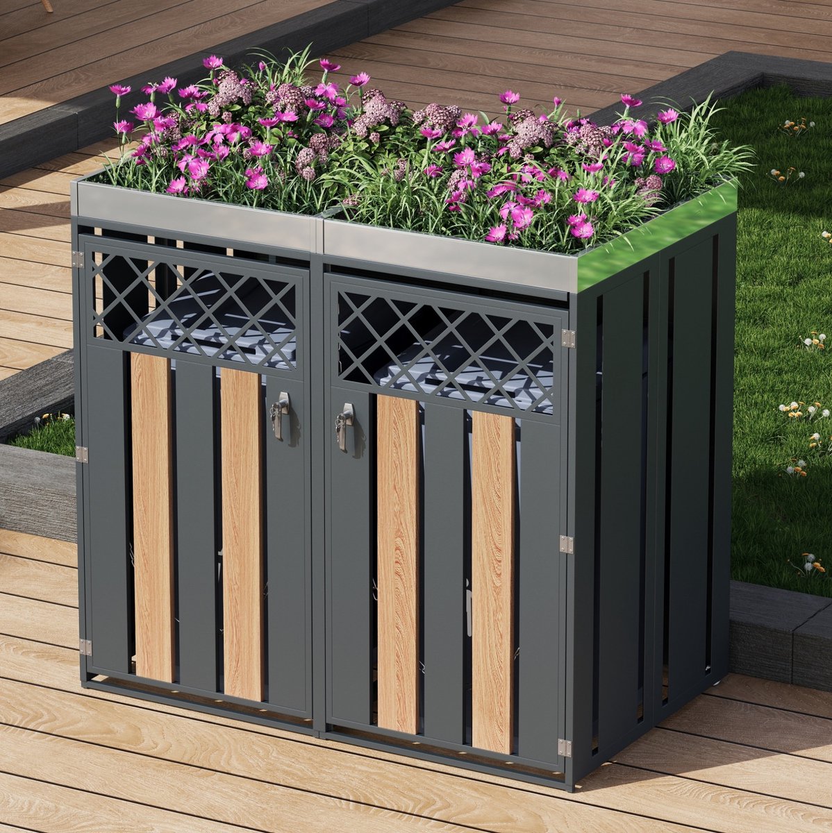 COVREO Containerberging met plantenbak 132x80x124,5 cm, grijs metaal