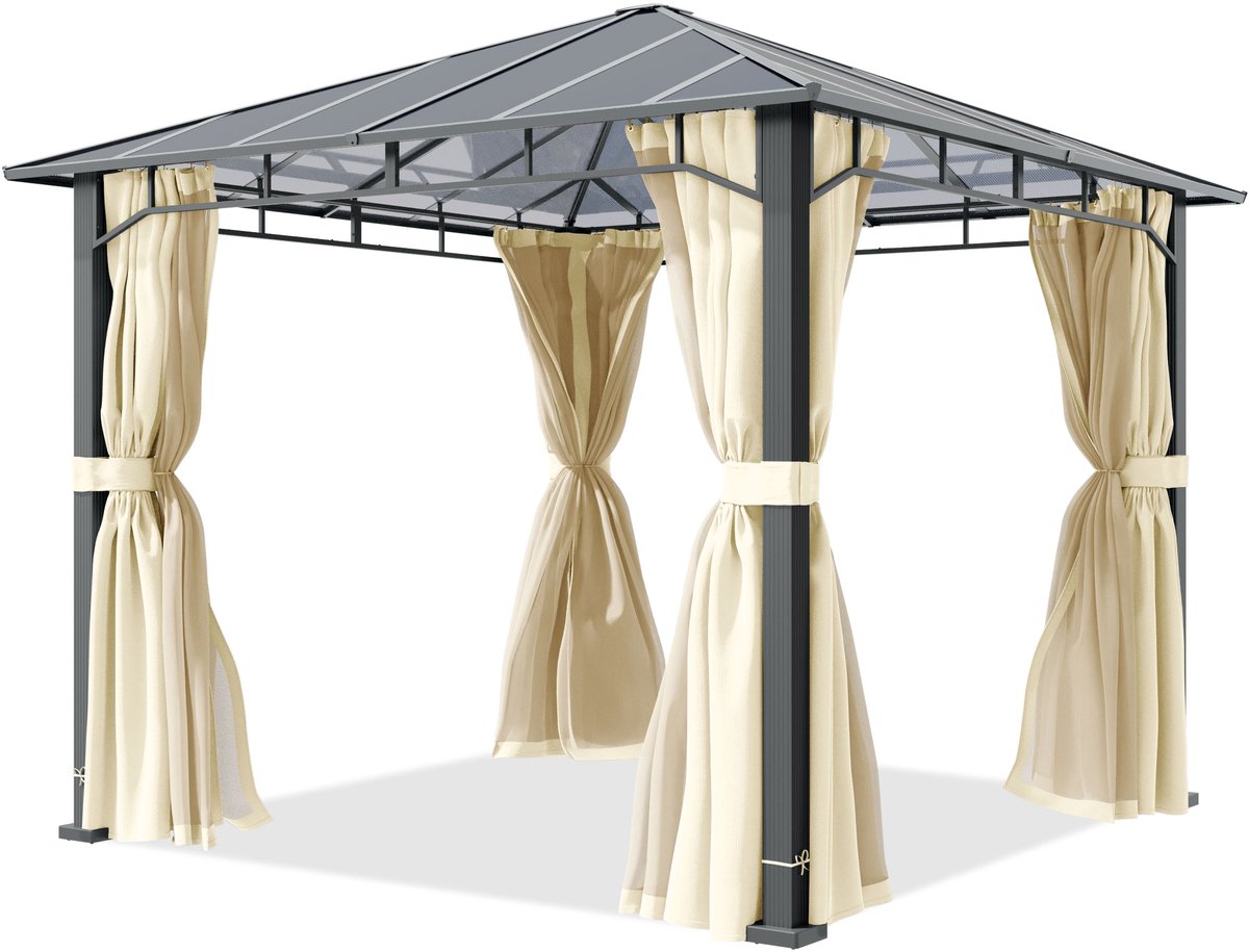 TOOLPORT Tuinpaviljoen 3x3 m, aluminium, polycarbonaat dak ca. 8 mm, beige - met zijwanden en muggennetten
