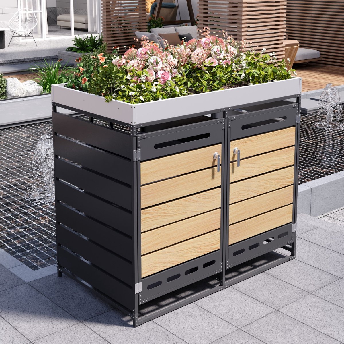 COVREO Containerberging 131x79x120 cm zwart metaal, met plantenbak en slot