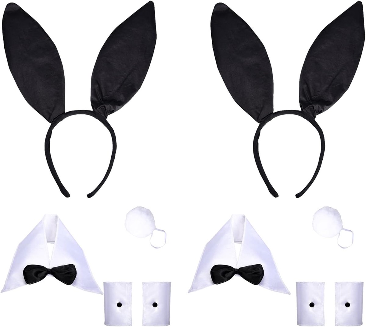 10-delige Konijnen Kostuum Set met Zwarte Oren, Strik, Manchet en Staart voor Halloween en Cosplay Feesten