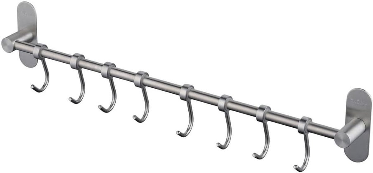 Hangrek met 8 Afneembare Haken - Geborsteld Roestvrij Staal - 48 cm - Wandmontage Organizer voor Keukengerei en Handdoeken