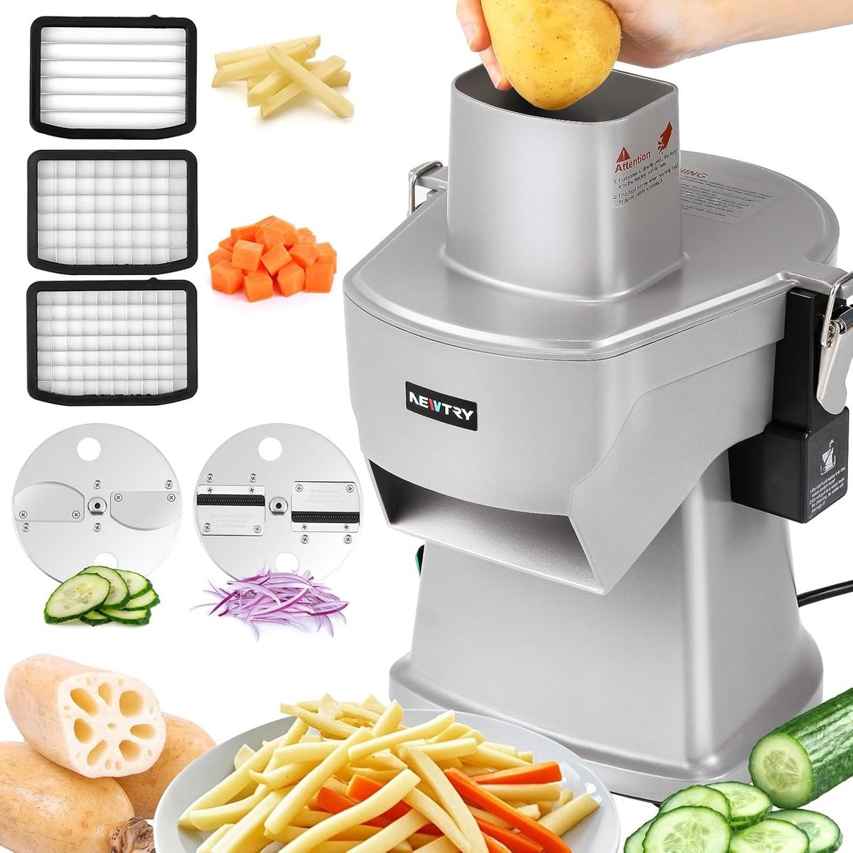 Elektrische groentesnijder - Aluminium - 200W - 4-in-1 multifunctionele keukenmachine - Voor professioneel en thuisgebruik