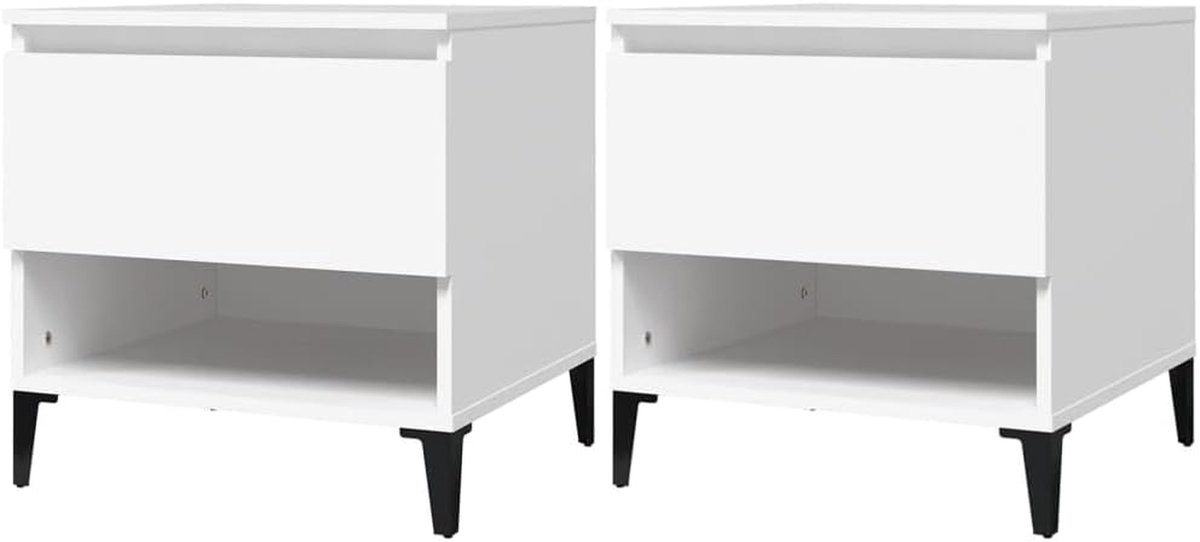 Bijzettafel Hout Metaal - Salontafel Hoektafel - Woonkamer Organiseren - Met Lade en Vak - 50x46x50 cm - Wit