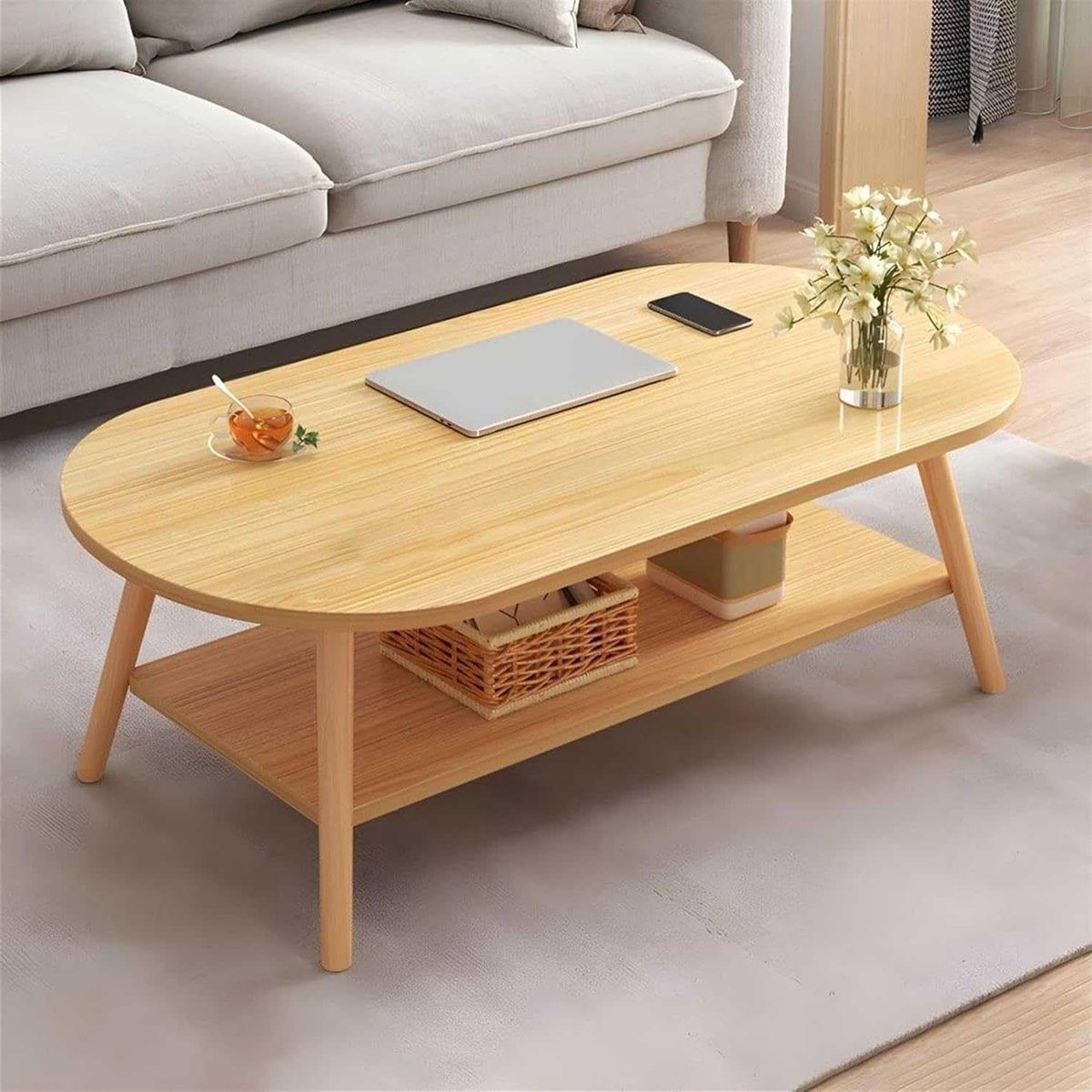 Houten Ovale Tafel - Stijlvolle salontafel - Woonkamer inrichten - Twee legplanken - 80CM - Beige