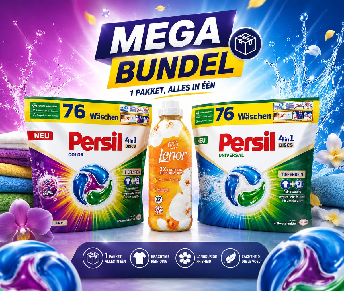 Persil 4in1 Discs Color & Universal + Lenor Wasverzachter – Mega Bundel – 2 x 76 Wasbeurten Persil – 152 Wasbeurten – Complete Wasverzorging