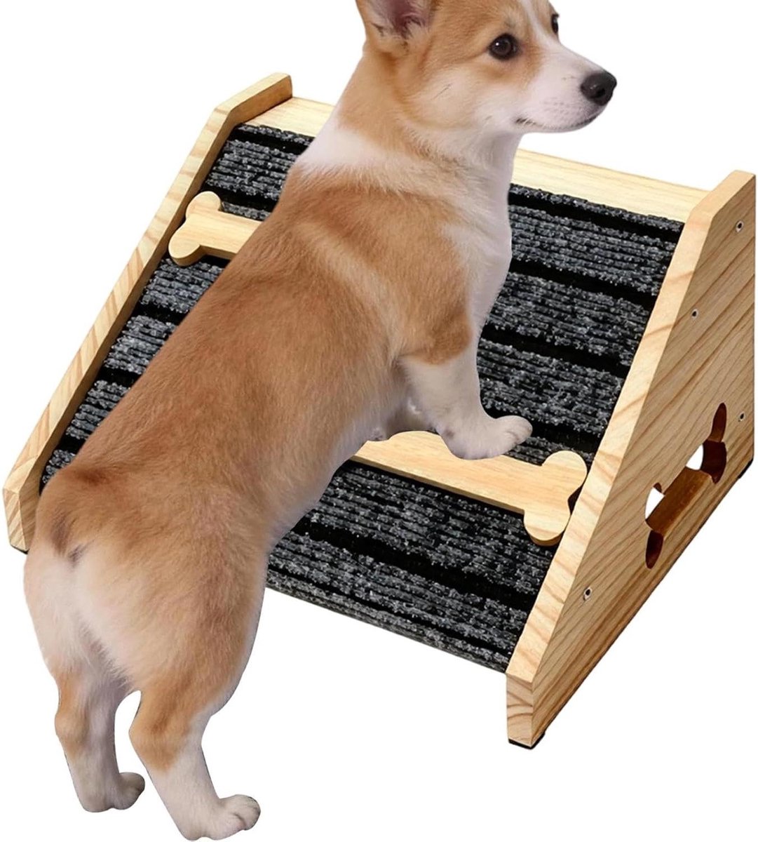 Hondenhelling - Hondenoprit Trap - Huisdier Mobiliteit - Antislip Viltpad - 30x15x25cm - Natuurlijk Hout