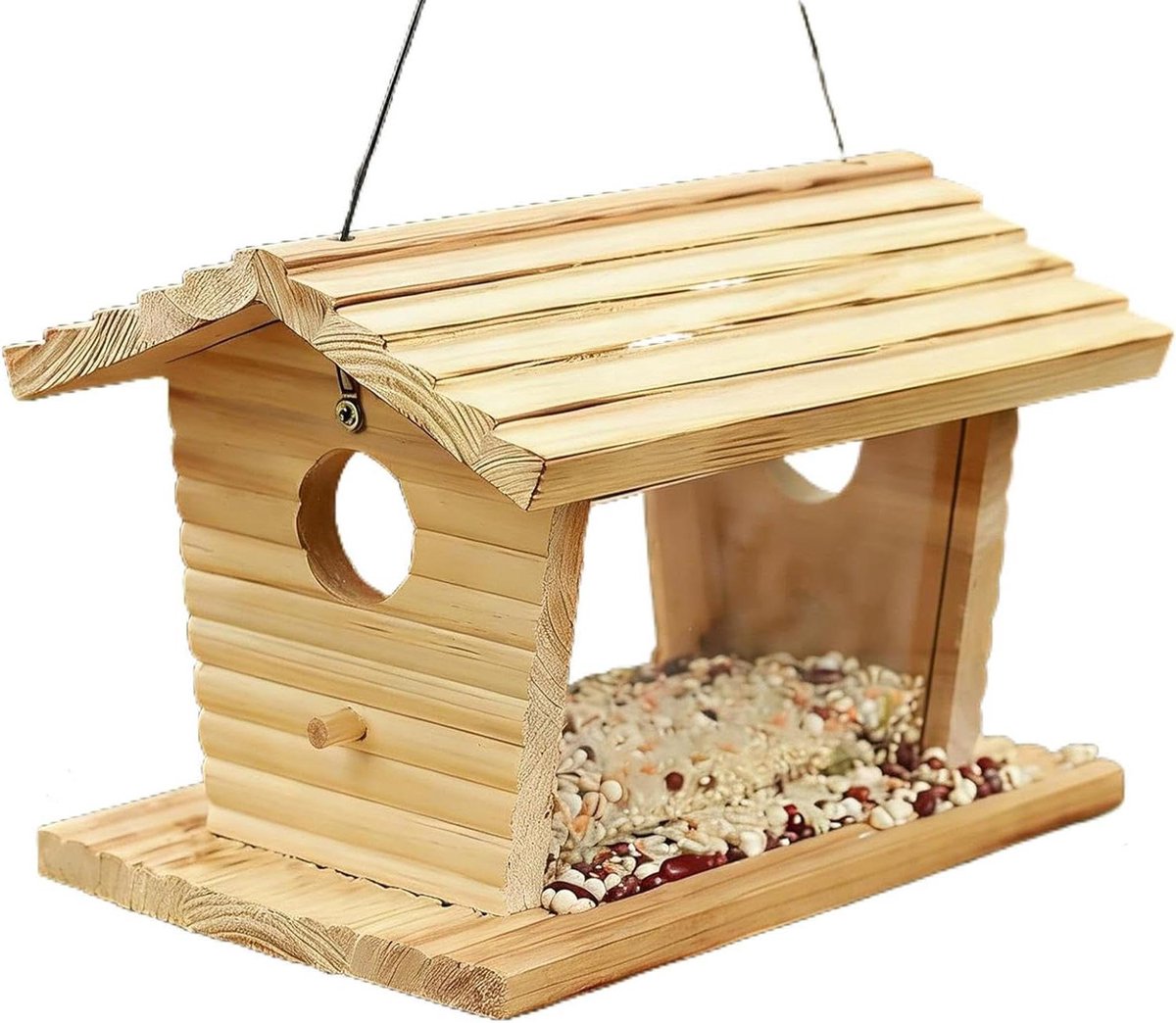 Vogelvoederhuis Hout - Voederhuisje Tuin - Vogels Voeren - Weerbestendige Constructie - 27 x 20 x 20 cm - Natuurlijk Hout