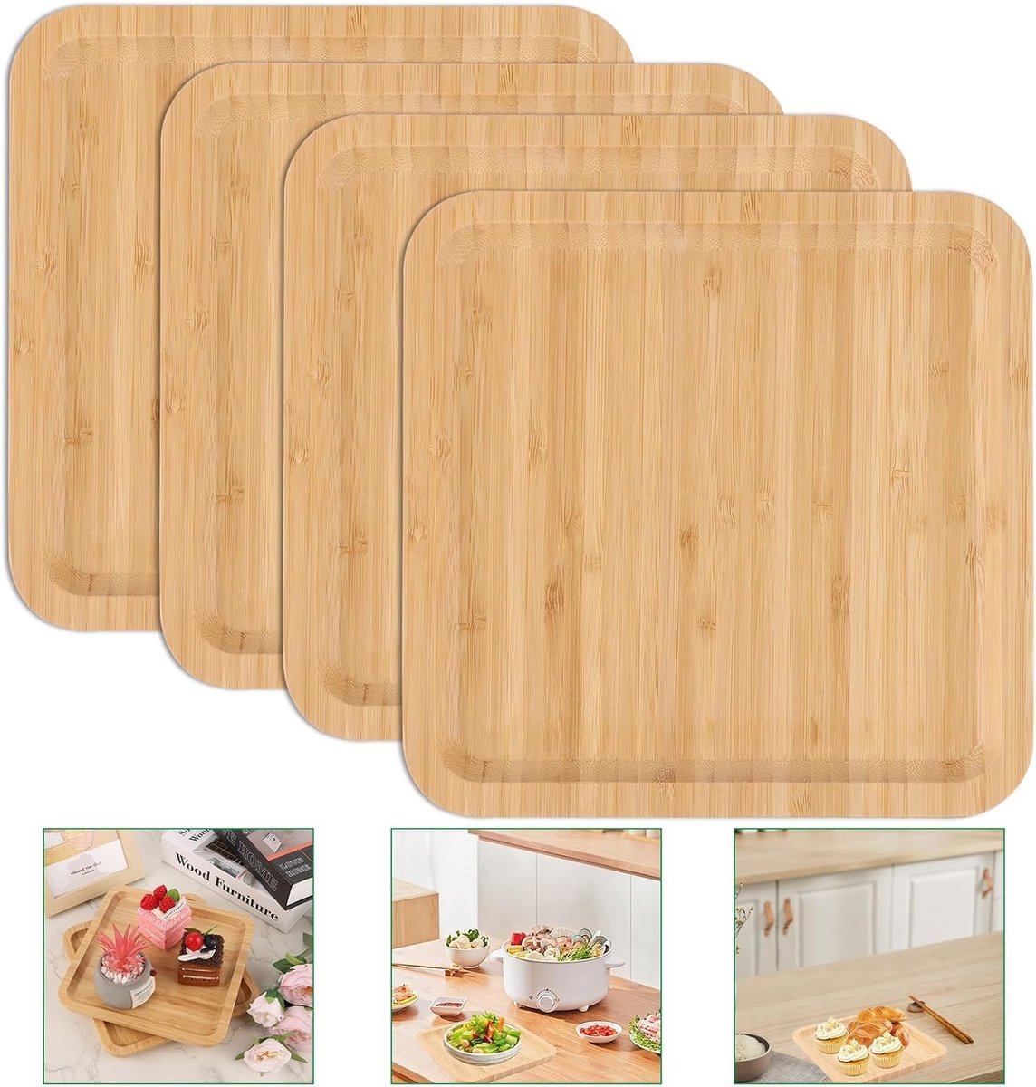 Natuurlijk bamboe dienblad 20 x 20 x 2 cm - vierkante serveerschaal van hout - tafeldecoratie - theelichtjes - woonkamer