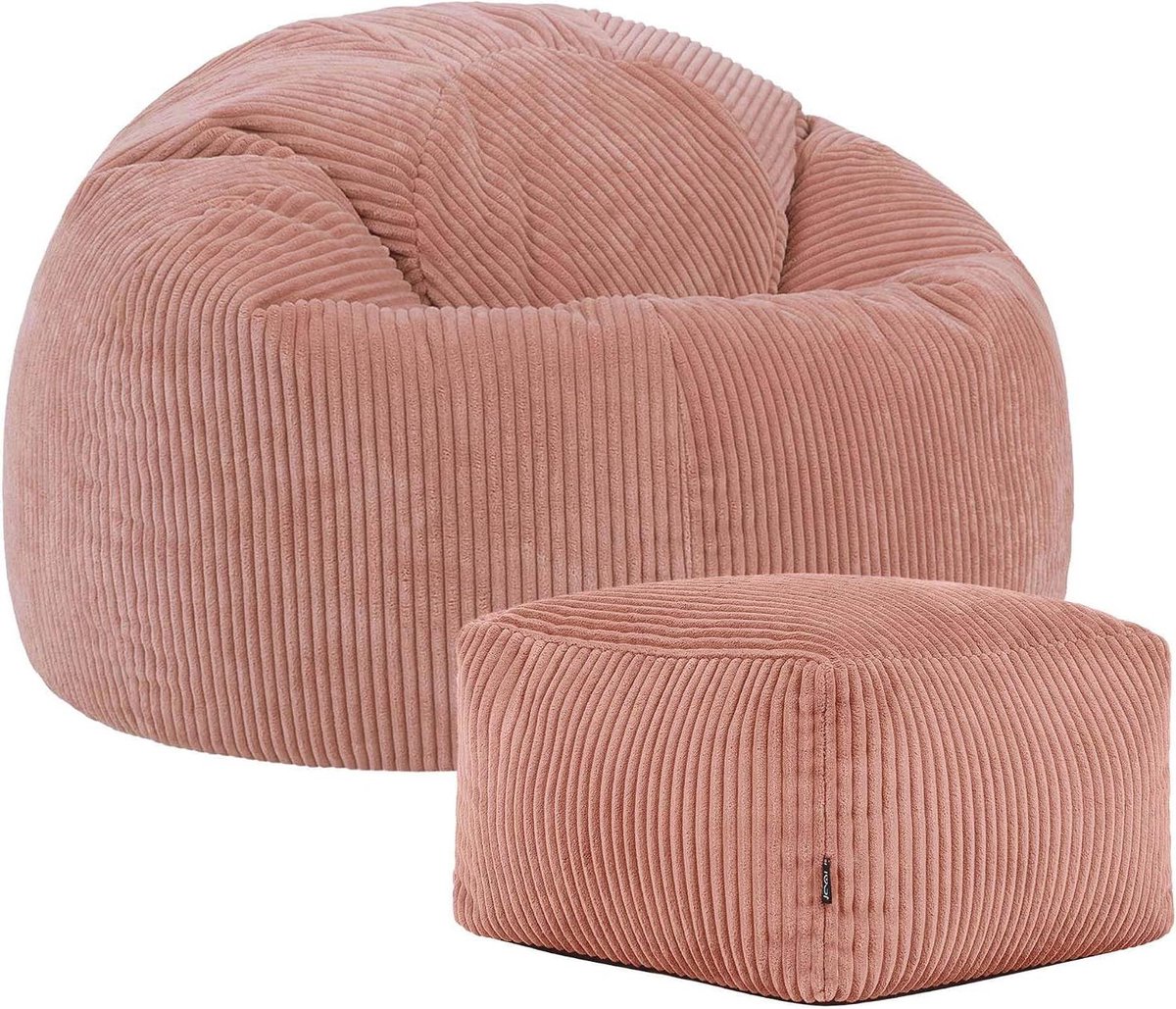 Bean Bag met Voetenbank - Zitzak Poef - Ontspannen Zitten - Zachte Corduroy Stof - Zitzak + Hocker - Roze