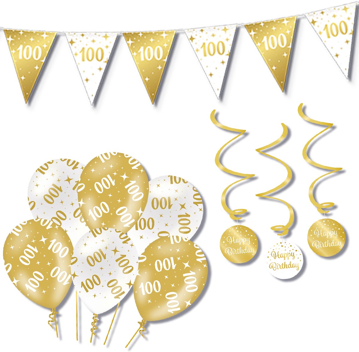 BTH – Verjaardag 100 Jaar – Wit-Goud – Verjaardag Set – Ballonnen-Swirls-Vlaggenlijn – Alles-in-1 – Decoratie Pakket