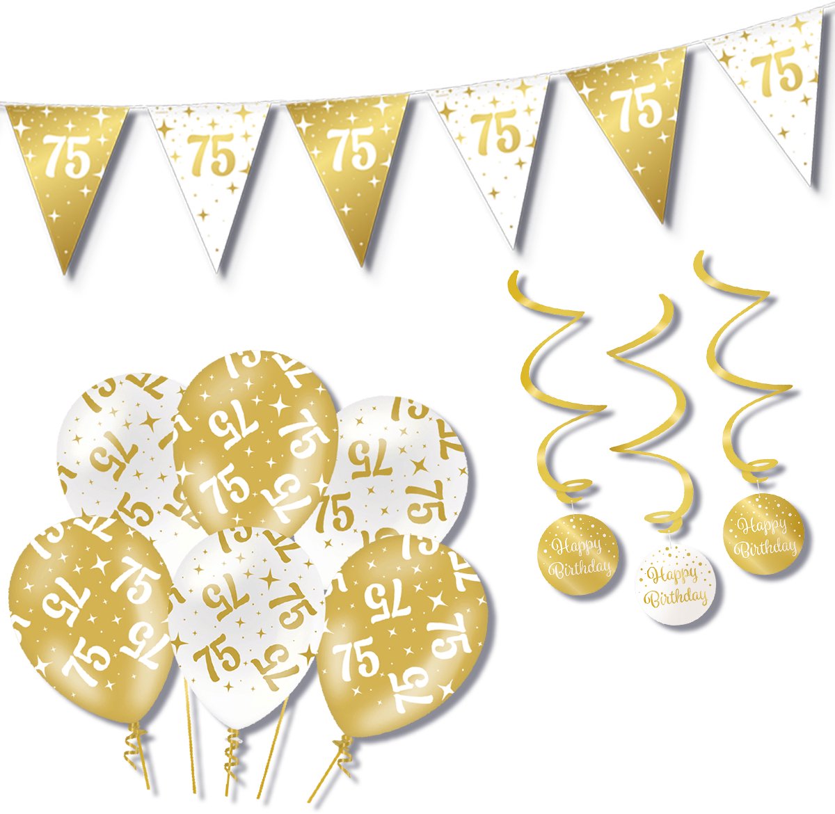 BTH – Verjaardag 75 Jaar – Wit-Goud – Verjaardag Set – Ballonnen-Swirls-Vlaggenlijn – Alles-in-1 – Decoratie Pakket