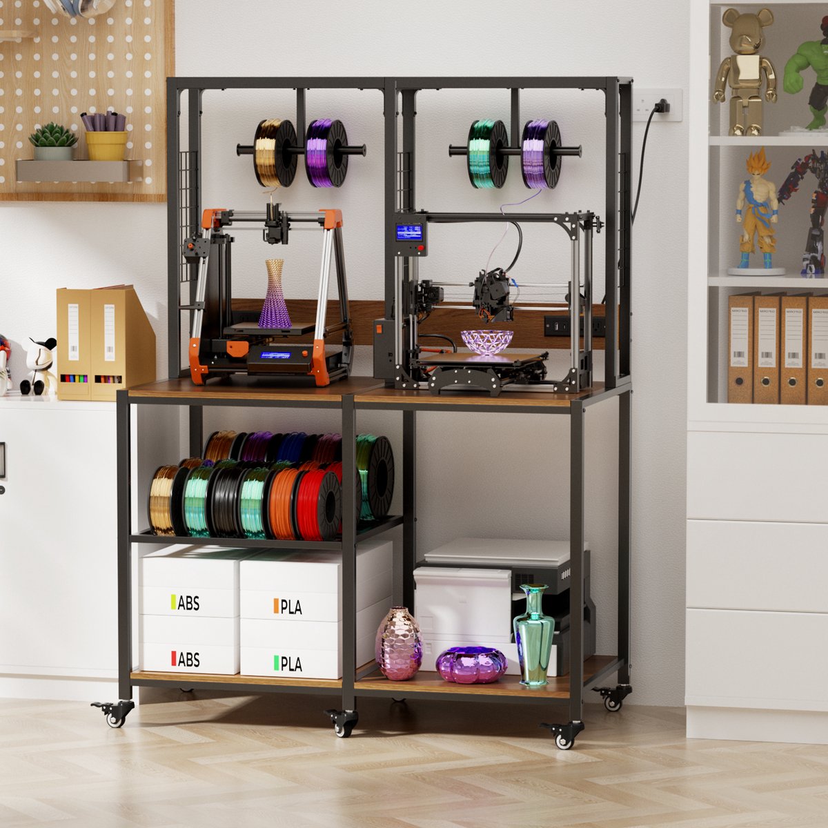 Wishdor 3d-printerstandaard met opbergrekken - Voor 2 printers - t-vormige filamenthouder - mobiel of vast - metaal - zwart - 160 x 119,9 x 59,9 cm