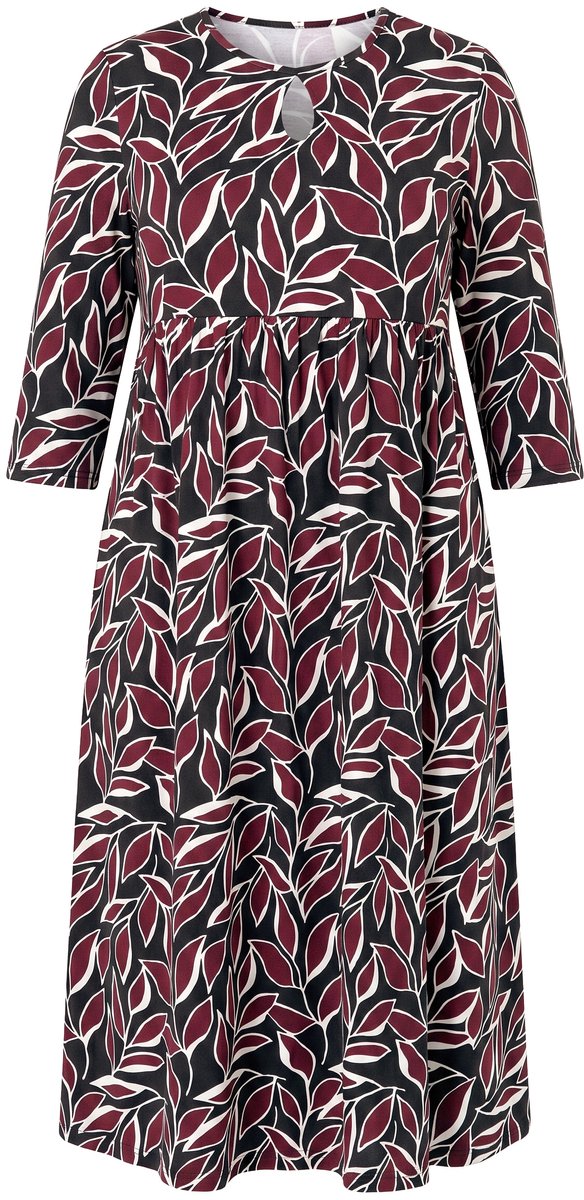 Ulla Popken - Dames - Maxi-jurk bloemen A-lijn ronde hals 3/4 mouwen zakken - Mahonie - Maat 62+