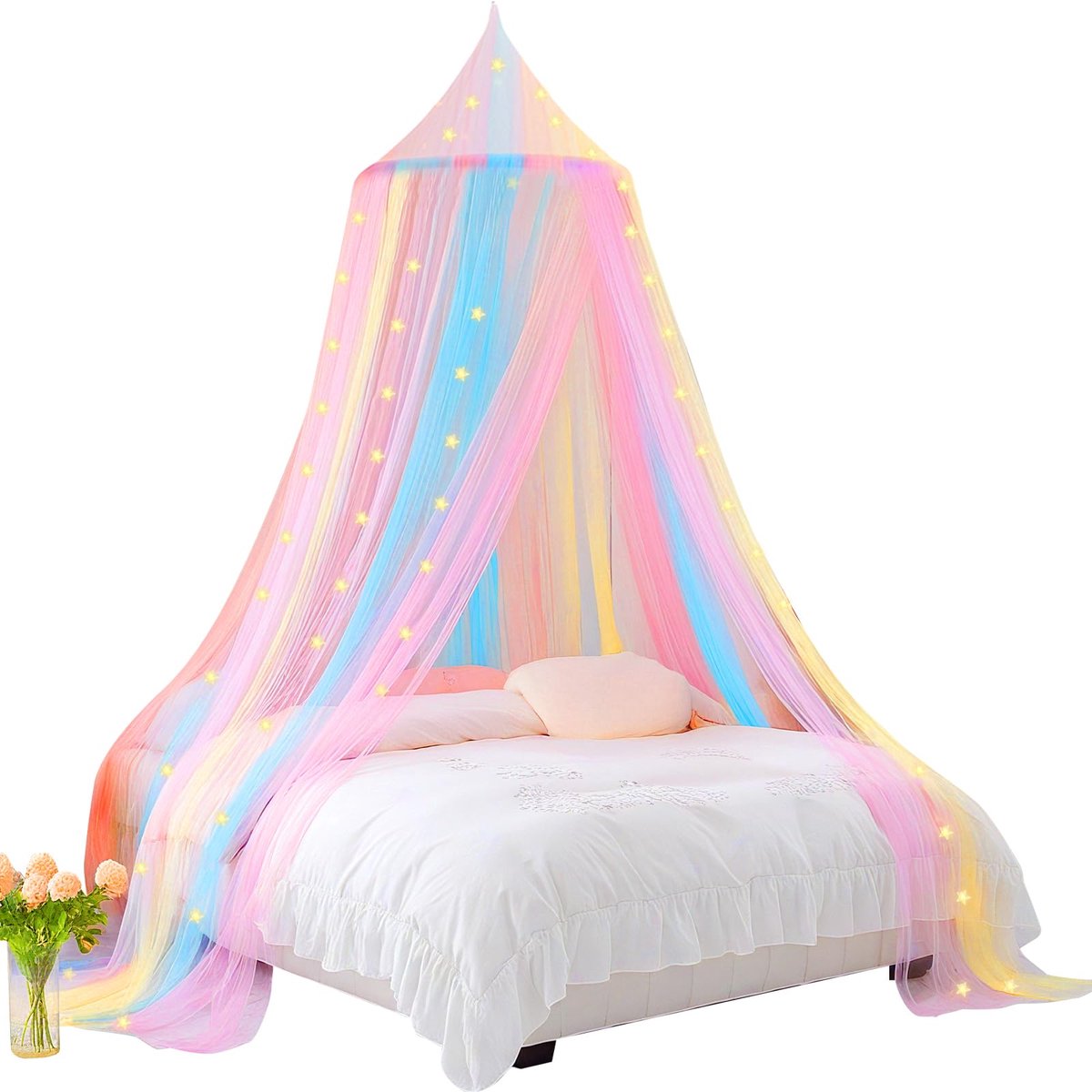 Regenboog Bedhemel voor Meisjes - Prinsessen Hemelbed Klamboe - Ronde Hangende Bedgordijnen met Muskietennet - Kinderkamer Decoratie