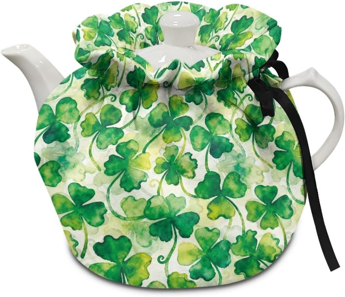 Warmtebestendige theepot beschermhoes met isolatiepad - Groene tie-dye klaver decoratie voor St. Patrick's Day, ideaal voor keuken en tafel.