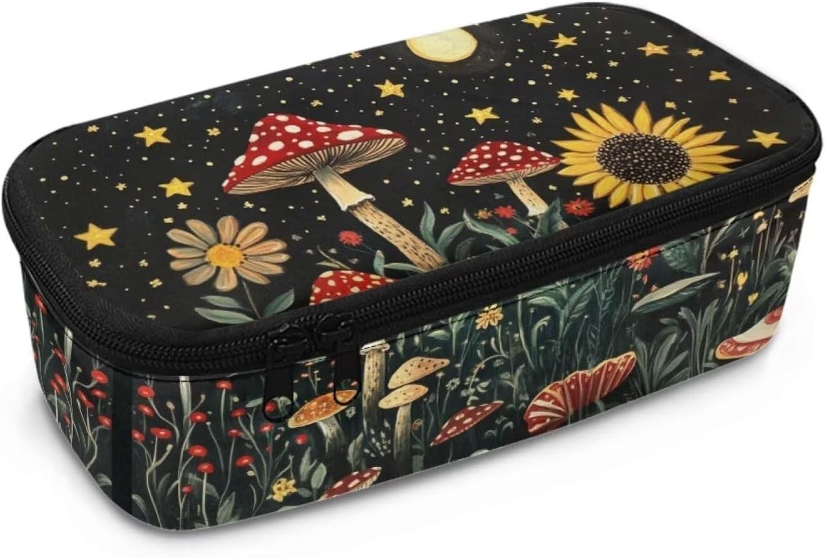 Leuke Pennenhouder voor Jongens met Handvatten, Vintage Zonnebloem en Paddenstoel, Perfect voor School en Kantoor, Organizer voor Kinderen van 8-12 Jaar