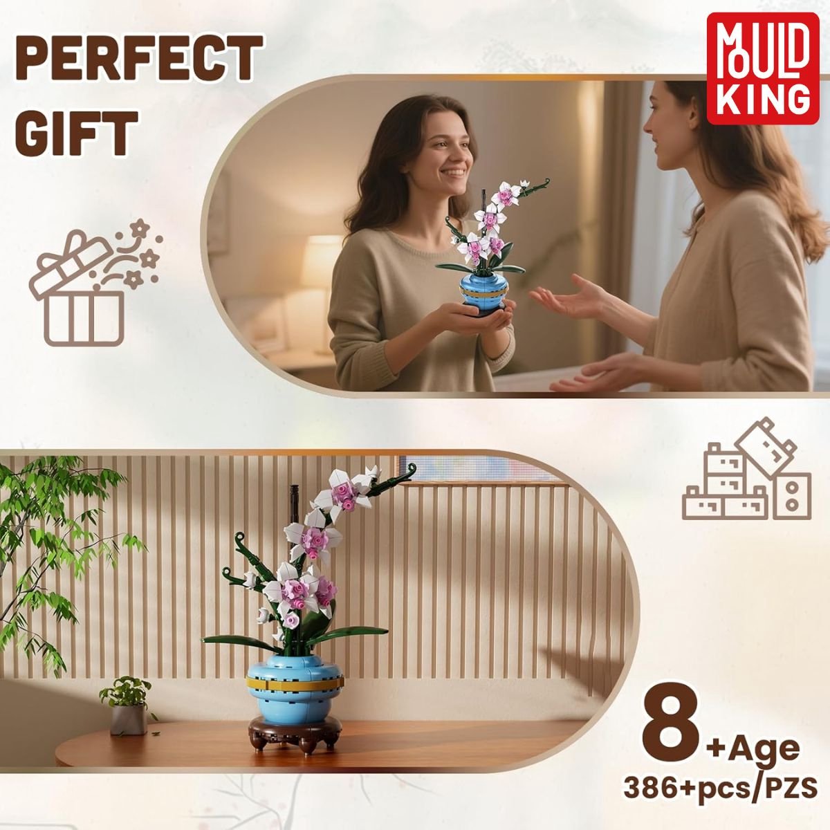 Mould King 24119 - Orchidee Bloemenboeket in Vaas - Classic Creator - STEM speelgoed - bloemen bouwpakket - Modelbouw volwassenen & kinderen - DIY Kunstbloemen geschikt voor Lego - Bouwdoos met 386 bouwstenen — afbeelding 6
